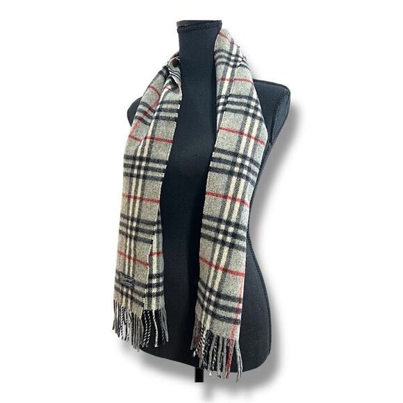 BURBERRYS OF LONDON 100% Lambswool Plaid Gray, Red, Black, Ivory Scarf 12x56” - Picture 11 of 16